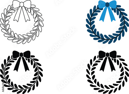 Laurel wreath symbols in different styles including outline solid black and blue color variations