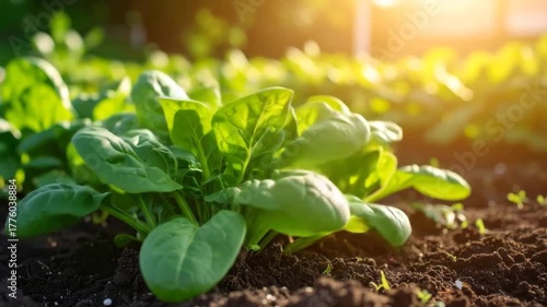 Close-up of lush, vibrant green spinach plants growing in a garden bed with sunlight