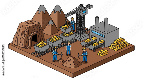 Gold mining process isometric illustration vector graphic design editable stock