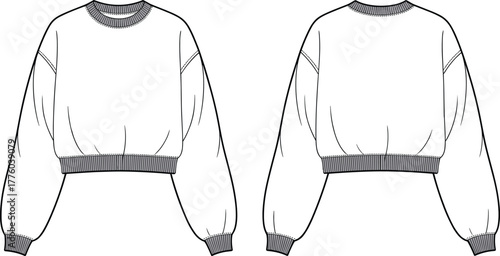 Cropped sweatshirt front and back flat sketch, casual fashion cad drawing, long sleeve pullover vector illustration, women apparel design template mockup
