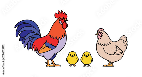 Cartoon illustration of rooster hen and chicks farm animal family editable stock