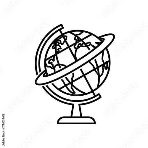 Black Line Art Globe Icon – Simple Vector Illustration of Earth Map on Stand