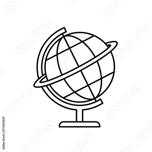 Black Line Art Globe Icon – Simple Vector Illustration of Earth Map on Stand
