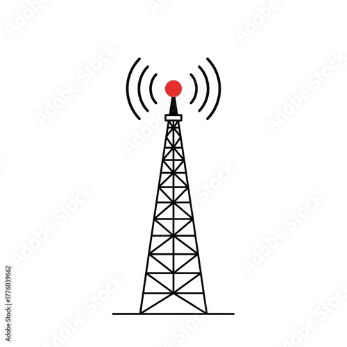 Broadcast Radio Tower with Signal Waves Vector Illustration