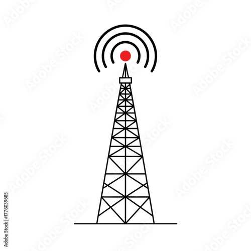 Broadcast Radio Tower with Signal Waves Vector Illustration