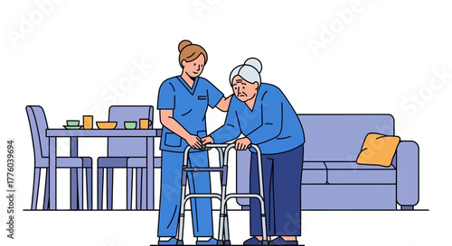 Home healthcare nurse helping elderly woman with walker vector editable stock