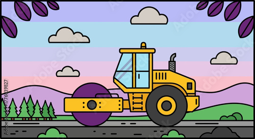 Cartoon road roller construction vehicle landscape illustration editable stock