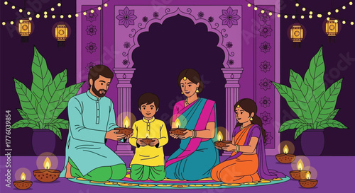 Celebrating diwali festival with family and traditional diyas editable stock