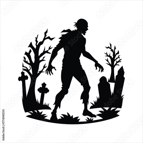 Zombie silhouette walking in graveyard horror vector
