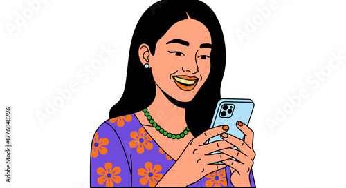 Woman using phone illustration mobile app social media smiling editable stock