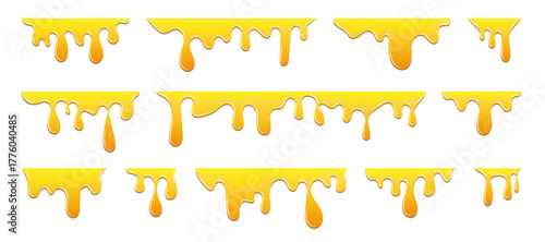Honey dripping collection. Yellow sweet liquid drips set of sugar syrup, flowing melted caramel, cheese, butter, oil or nectar drops