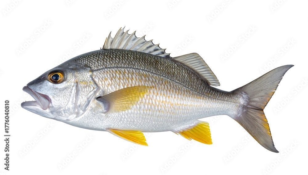 Fototapeta premium Side view of a fish with silver scales and yellow fins