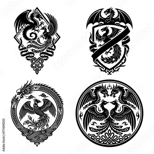 Collection of dragon emblems and heraldic designs