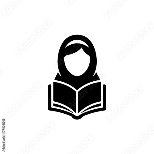 black and white silhouette icon of a girl in a hijab integrated with a book symbol. Represents Malala Yousafzai's legacy, the right to education for girls, female empowerment, the power of knowledge