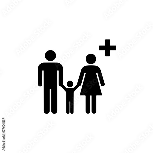 Monochrome icon of a family/group of people with a plus sign (+). Symbolizes birth rate, natural population growth, and increasing community size. Concept for demography and World Population Day