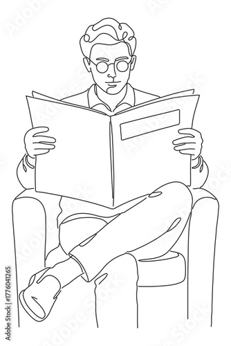 line drawing of a man reading newspaper