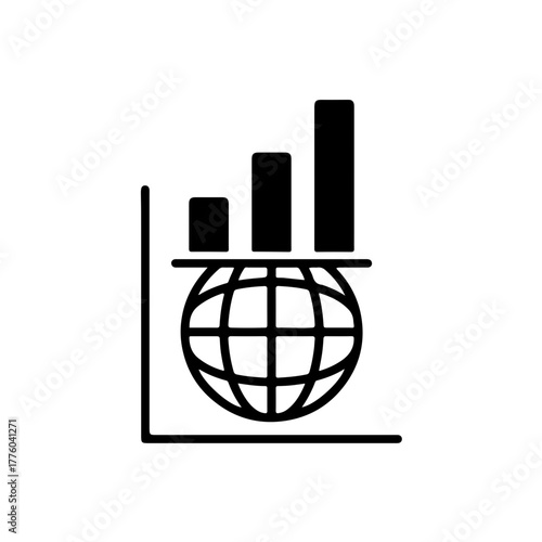 Black and white icon of a rising bar graph over a globe. Represents global population growth, demographic statistics, world progress, and increasing trend. Perfect for World Population Day content