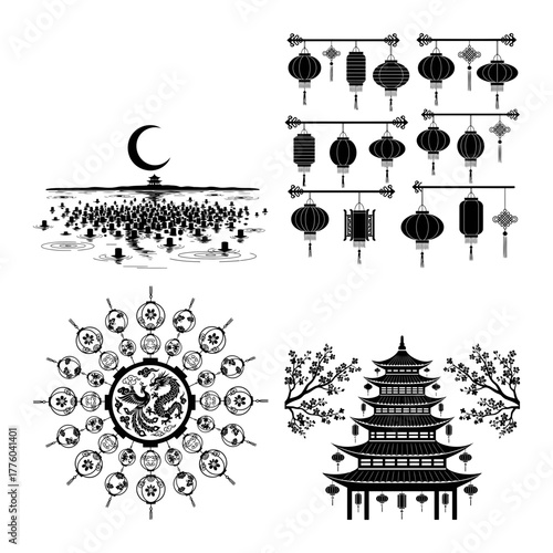 Chinese new year silhouette set, vector illustration