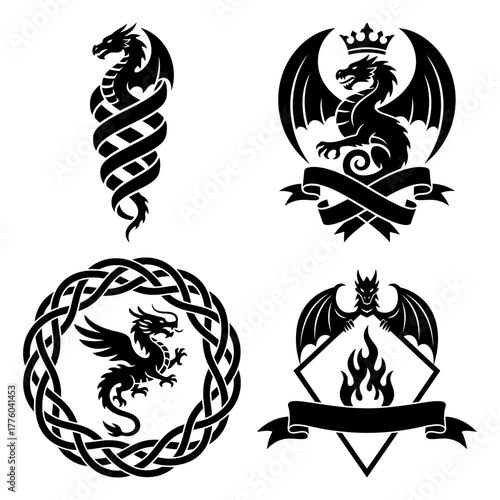 Four dragon emblems for heraldry and tattoo art