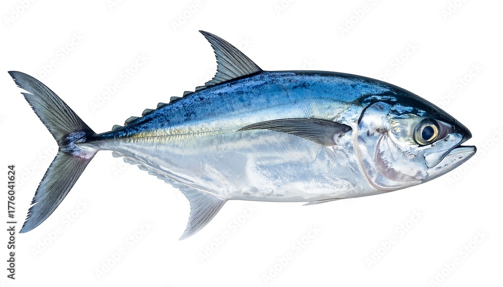 Obraz premium A silvery and bluish fish with dark eyes, various fins, scales, and a tail is against a solid, stark white backdrop