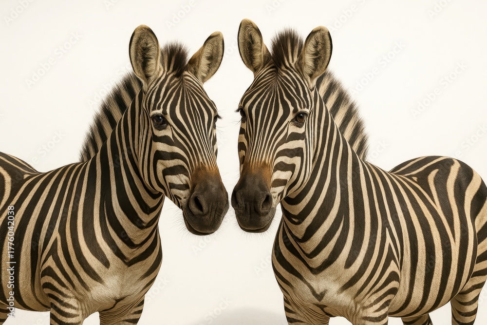 Fototapeta premium Two zebras with intertwined necks forming an elegant curve while both gaze to camera clean studio wildlife on white