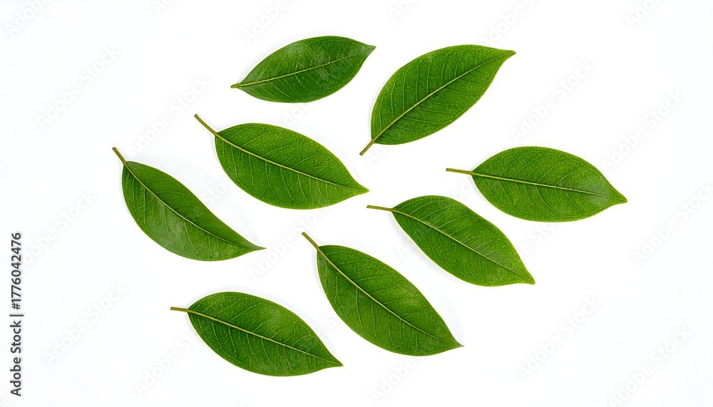 Naklejka premium Several vibrant, green oval leaves are scattered against a crisp white background, showing textures and details