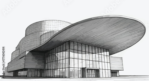 Futuristic building with curved roof modern architecture vector line art.