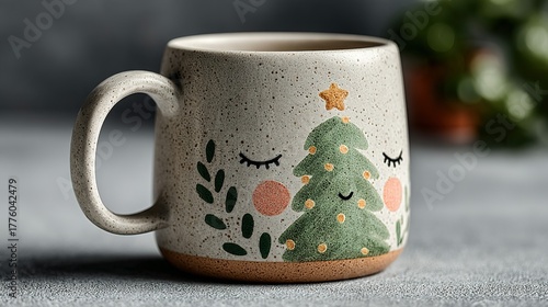 Ceramic mug with christmas tree design and closed eyes on a gray background.