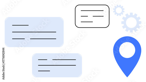 Text boxes, blue location pin, and light gear graphics represent communication, navigation, systems, and organization. Ideal for collaboration, workflow, technology mapping automation user