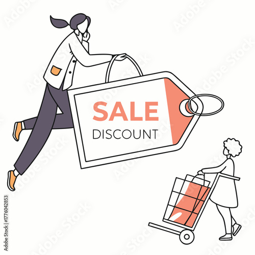 Discount Dash: Dynamic vector illustration depicts customers eagerly racing to seize enticing sale, symbolizing the excitement of discounts and bargain hunting. 