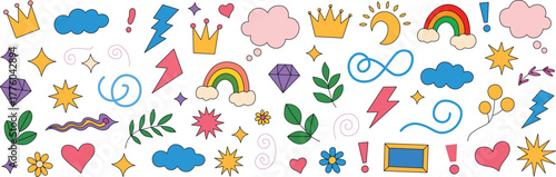 Cute element set with a line icon.  Decorative arrow, cloud, crown, glitter, and flower doodle line color icons.  Kids' cartoon ribbon, amusing outline, hand-drawn heart, and sketchy figure
