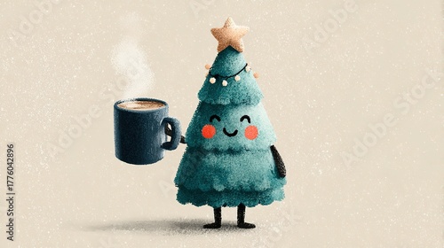 Cartoon Christmas tree character holding a steaming mug against a neutral background.