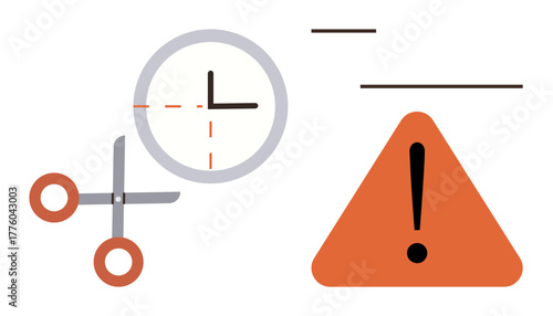 Clock with scissors cutting dashed line, orange warning triangle with exclamation mark. Ideal for time management, deadlines, urgency, multitasking, project risk, prioritization, simple flat metaphor