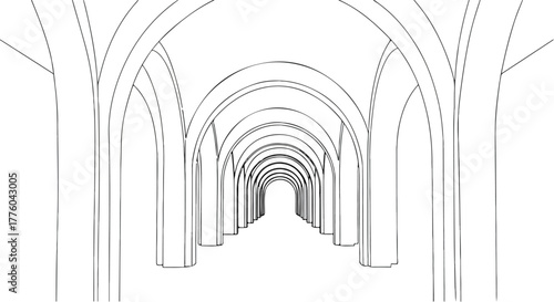 Vaulted arches cathedral interior perspective vector line art illustration.