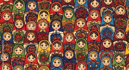 Colorful pattern of traditional russian matryoshka dolls with floral designs
