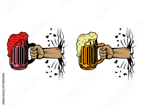 Hand holding a beer glass. Flat and engraving style