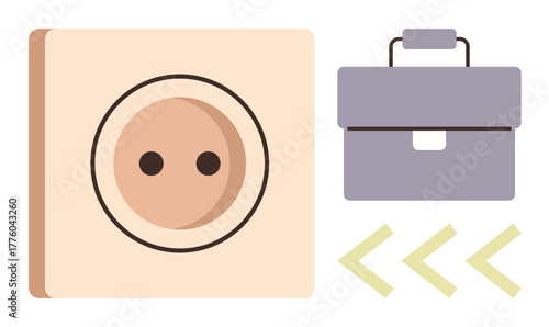 Power outlet alongside a briefcase and directional arrows indicates energy, work, efficiency, and flow. Ideal for productivity, business, energy management, career focus, motivation workflow simple