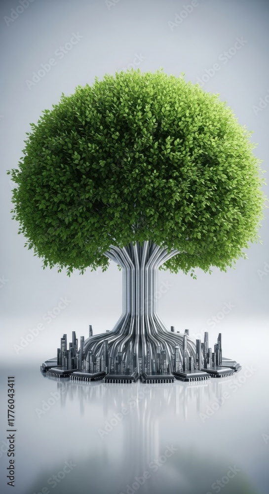 Fototapeta premium Green tree growing from metallic city landscape symbolizes harmony between nature and technology in an innovative urban setting
