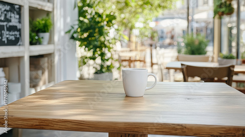 Wallpaper Mural Peaceful cafe scene featuring wooden table with white cup, surrounded by greenery and sunlight Torontodigital.ca