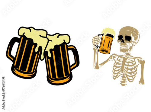 A jovial skeleton in a top hat cheerfully raises two beer steins.
