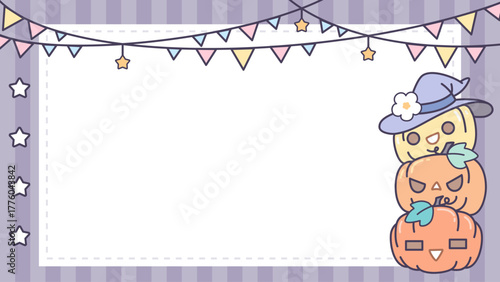 A cute Halloween themed presentation template decorated with party flags, pumpkins, and jack-o-lanterns.