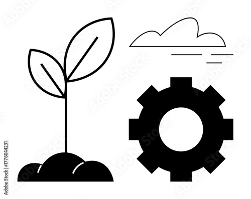 Leafy sapling in soil, cogwheel, and cloud symbolize innovation, growth, nature, and sustainability. Ideal for environment, industry, ecology business teamwork development balance concepts