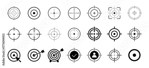 Target icon set. Goal, destination symbol collection. Focus, crosshairs and bullseye logotypes. Vector illustration.