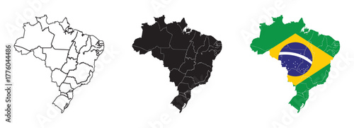 Brazil map vector set — editable country outline, black silhouette, and national flag design with green yellow blue colors and central globe, isolated on white for geography and education projects