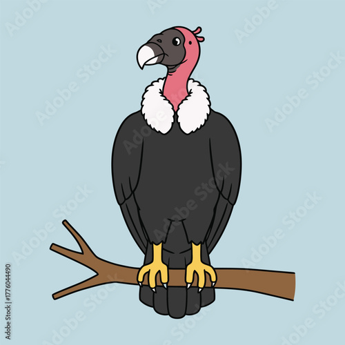 Cute Andean Condor (Vultur Gryphus) perching on tree branch, large bird of prey animal character in flat design style vector illustration