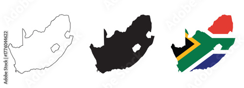 South Africa map vector set with editable country outline black silhouette and national flag design featuring green yellow red blue black and white colors on white for geography and education use