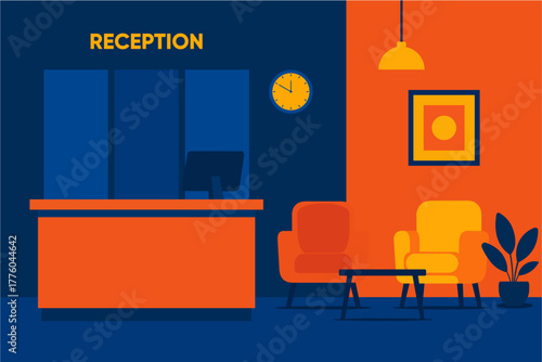 Modern Hotel Reception Interior with Cozy Waiting Area — Flat Design Illustration