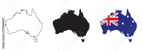 Australia map vector set with editable country outline black silhouette and national flag design featuring blue background Union Jack and white stars isolated on white for geography and education use