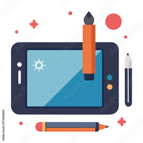 Vector illustration of a digital drawing tablet and drawing tools