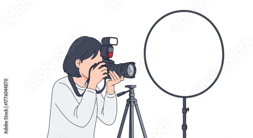 Female Photographer with Camera and Lighting Equipment
